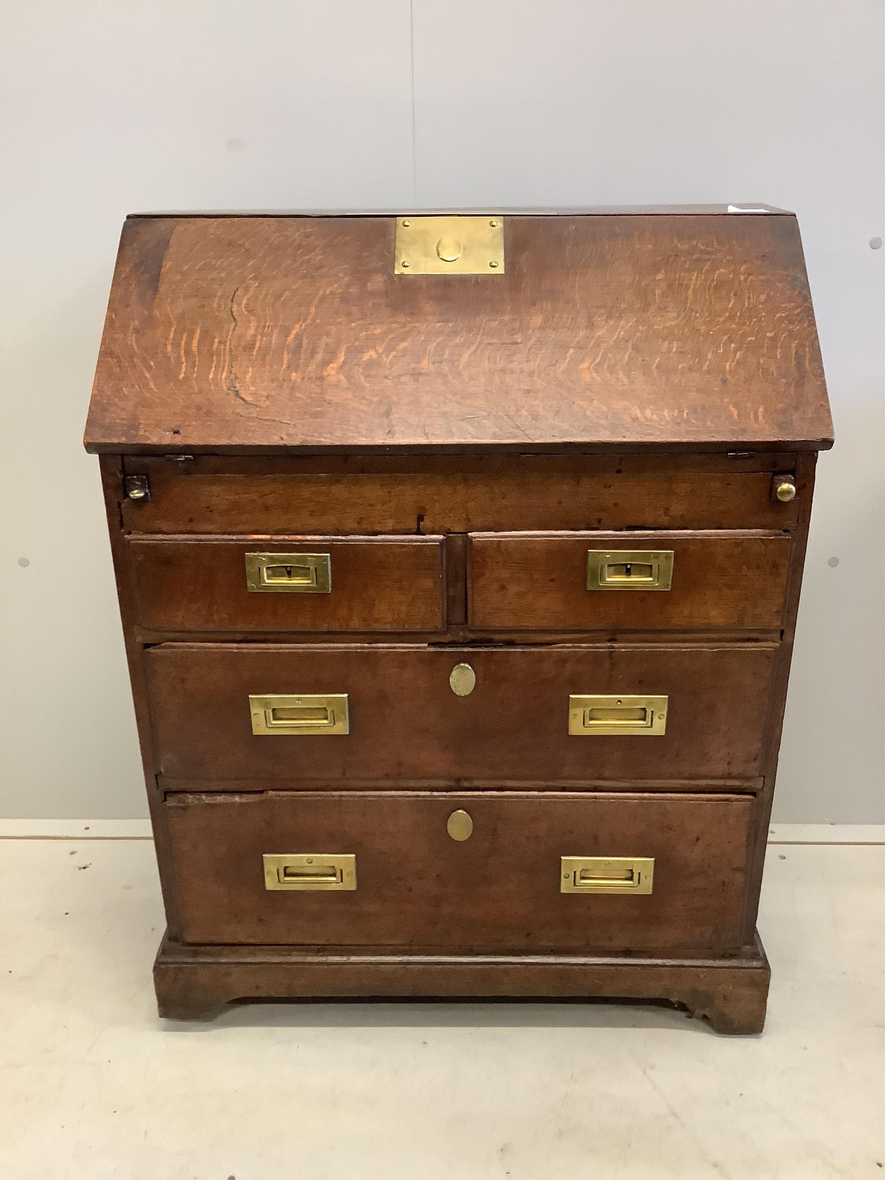 A small 18th century style brass mounted oak bureau, width 73cm, depth 40cm, height 94cm